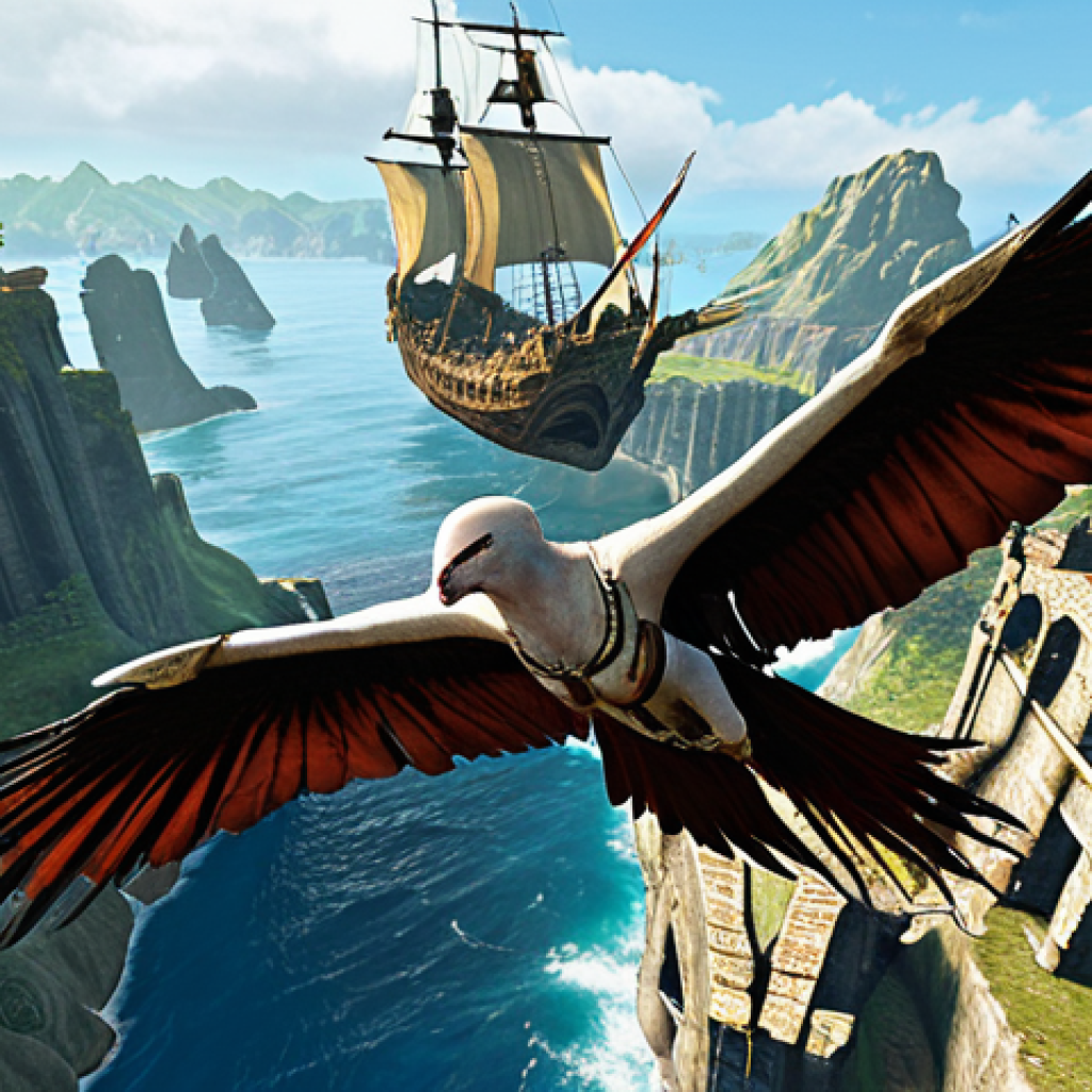 **Prompt 1 (Freedom and Adventure):**
    "An ArcheAge character, soaring freely on a majestic glider above a vibrant, sprawling fantasy landscape. Below, a bustling guild gathering, a large trade ship sailing across a vast ocean, and adventurers exploring ancient ruins. The character's face shows exhilaration and liberation from the daily grind, embracing a world of limitless adventure and social connection. Dynamic lighting, epic scale, high fantasy art style."