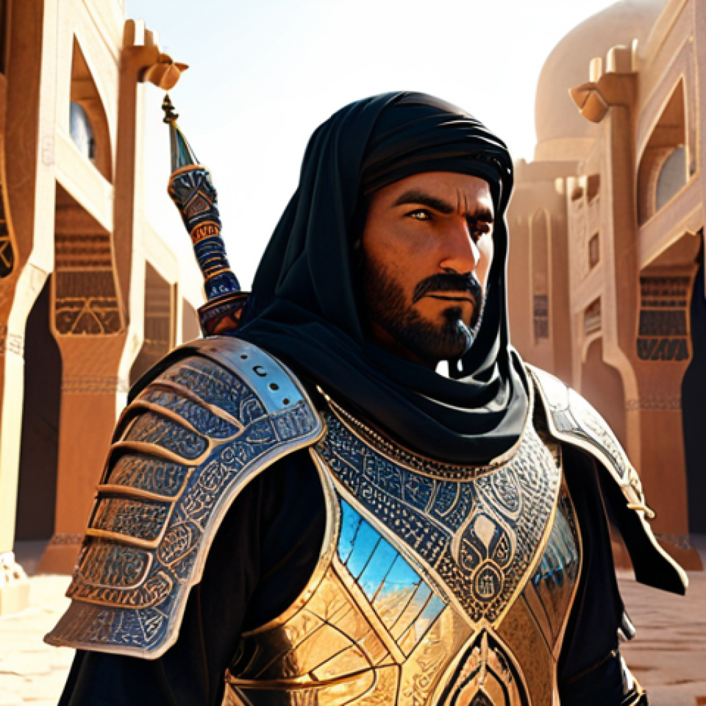 **A determined warrior, clad in ornate armor reflecting desert sunlight, strategically allocating skill points on a holographic interface. The interface features Arabic script alongside familiar RPG icons. A backdrop of ancient Arabian architecture fades into the distance.**