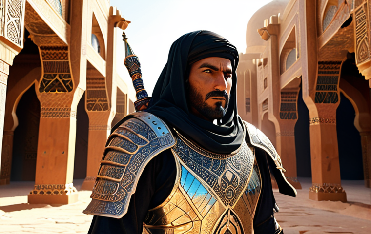 **A determined warrior, clad in ornate armor reflecting desert sunlight, strategically allocating skill points on a holographic interface. The interface features Arabic script alongside familiar RPG icons. A backdrop of ancient Arabian architecture fades into the distance.**