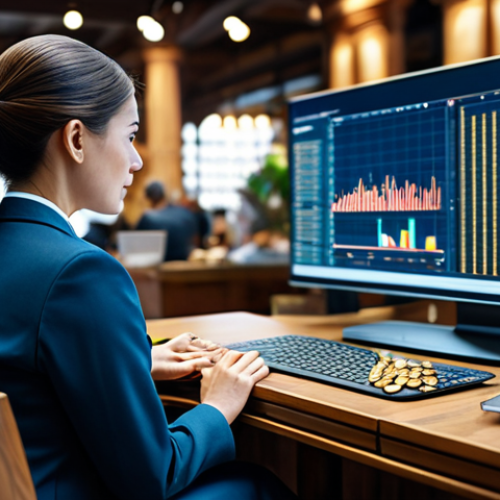 Home 23 A skilled female merchant in elegant, modest business attire, seated at a polished wooden desk within a grand, well-lit virtual trading house. She is reviewing market data on a holographic display, with virtual gold coins neatly stacked beside a scale. The background shows blurred, busy player-characters in a bustling marketplace. Professional photography, high-resolution, sharp focus, natural lighting, cinematic composition. fully clothed, modest clothing, appropriate attire, professional dress, perfect anatomy, correct proportions, natural pose, well-formed hands, proper finger count, natural body proportions, safe for work, appropriate content, professional, family-friendly.