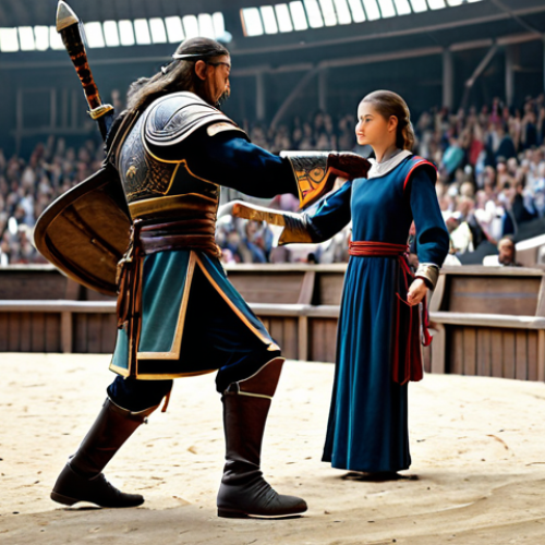 Home 21 **
"A skilled Arkey Age duelist, fully clothed in modest warrior attire, strategically positioned in a detailed arena. Focus on calculating their opponent's moves. Perfect anatomy, correct proportions, natural pose, safe for work, appropriate content, professional, family-friendly, high quality."
**