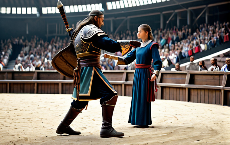 **

"A skilled Arkey Age duelist, fully clothed in modest warrior attire, strategically positioned in a detailed arena. Focus on calculating their opponent's moves. Perfect anatomy, correct proportions, natural pose, safe for work, appropriate content, professional, family-friendly, high quality."

**