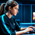 Strategic Leader**

"A professional female gamer, fully clothed in modest, comfortable gaming attire, strategizing over a holographic display showing the Arkegy game world. Modern gaming room background with esports trophies. Perfect anatomy, correct proportions, natural pose, safe for work, appropriate content, professional, family-friendly"

**